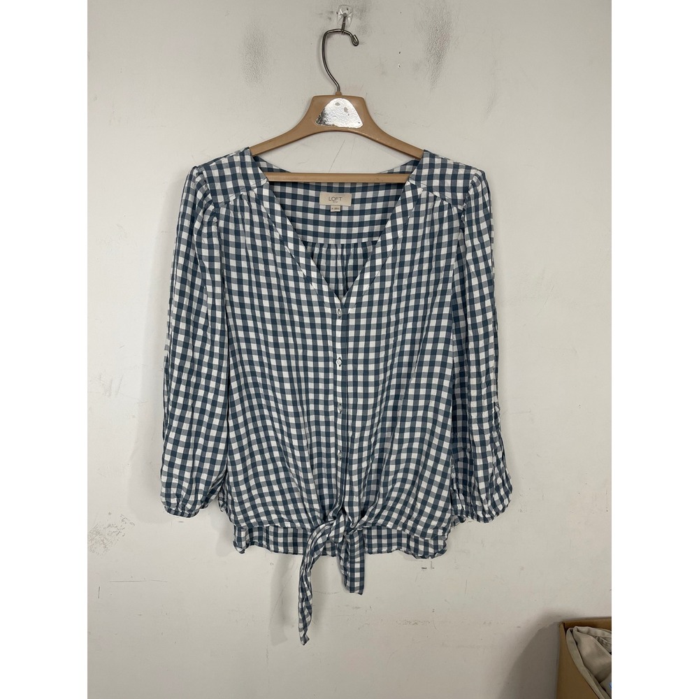 Loft Outlet Gingham Tie Front Blouse Navy Blue White Button Up Top XL 492837
